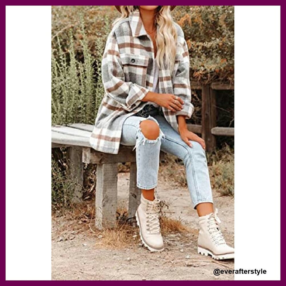 Oversized Flannel Shacket Button Down Plaid Long Sleeve Chic Casual Y2K - Picture 5 of 7